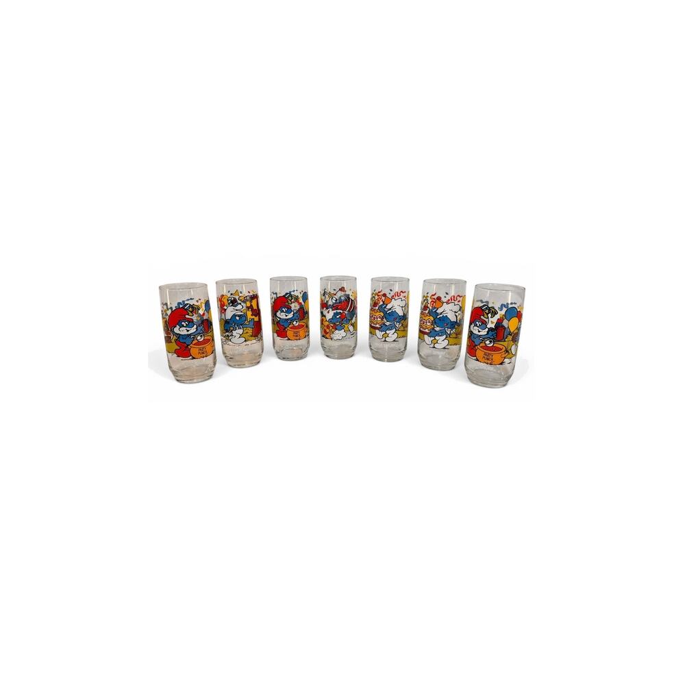 Vintage 1983 Smurfs Drinking Glass Lot  7 Peyo Wallace Berrie Baker Papa Clumsy